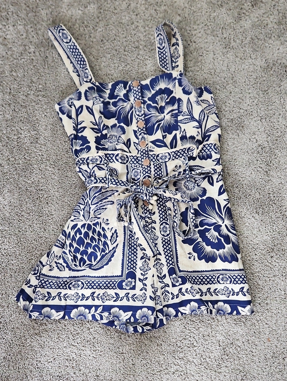 Nwt Farm Rio Blue and White Floral Tie-Waist Romper L - Picture 2 of 12